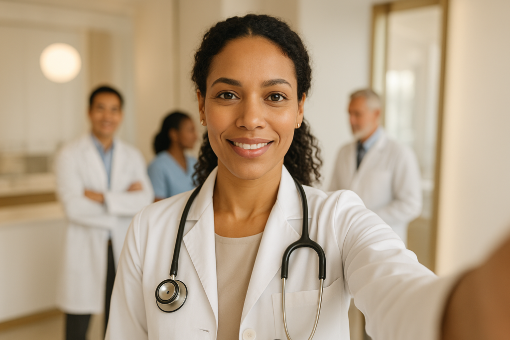 Cena ilustrativa com profissionais de saúde: Como médicos podem usar stories e imagens com ética nas redes sociais