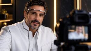 Médico com visor tecnológico se apresenta diante de uma câmera.