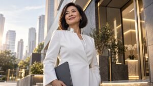 Médica empreendedora diante da entrada de uma clínica em cenário urbano.