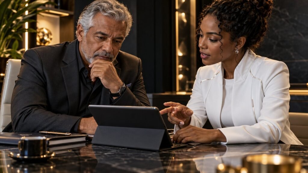 Gestor e médica analisam informações em um tablet durante uma reunião.