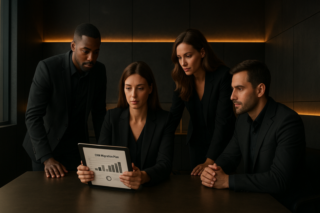 Cena ilustrativa com profissionais de saúde: Migração de CRM: modernize automação e IA na clínica
