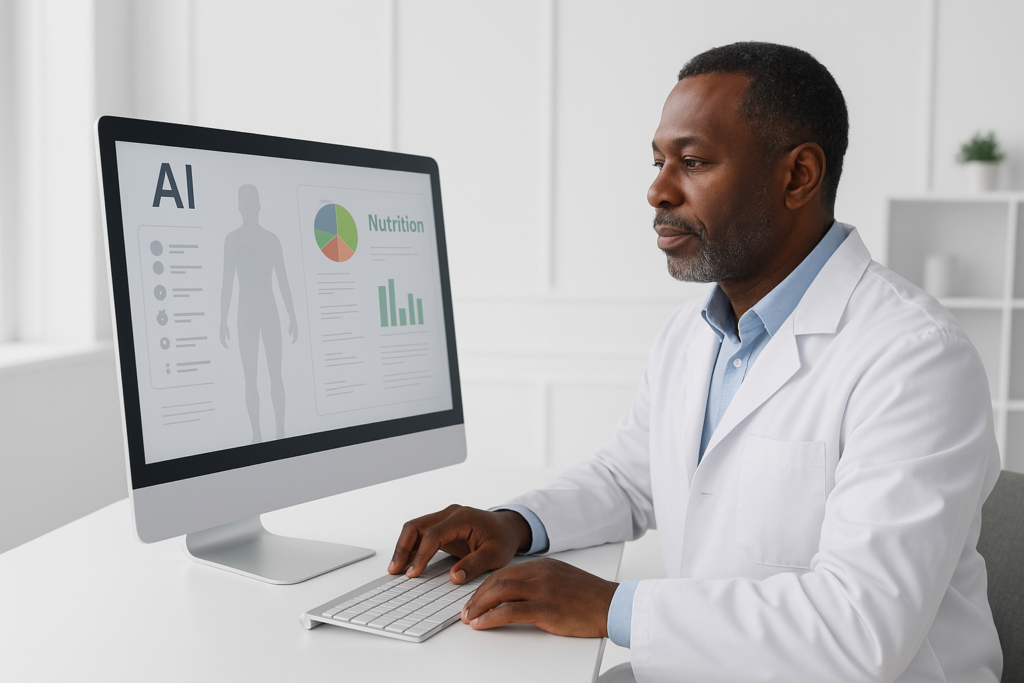 Cena ilustrativa com profissionais de saúde: Nutricionistas: use IA para automatizar tarefas administrativas e focar no atendimento