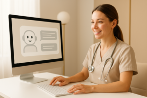 Cena ilustrativa com profissionais de saúde: YouTube para médicos: usar IA e testes A/B para vídeos clínicos